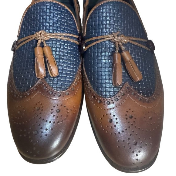 Vinci Men’s Two-Tone Leather Loafers Blue Tan Woven Wingtip Tassel Size 39/6-6.5